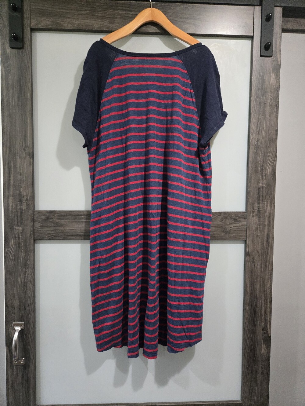 Eddie Bauer 100% Cotton Striped T-Shirt Dress 2X Navy Red Pockets Casual Relaxed - Picture 2 of 6
